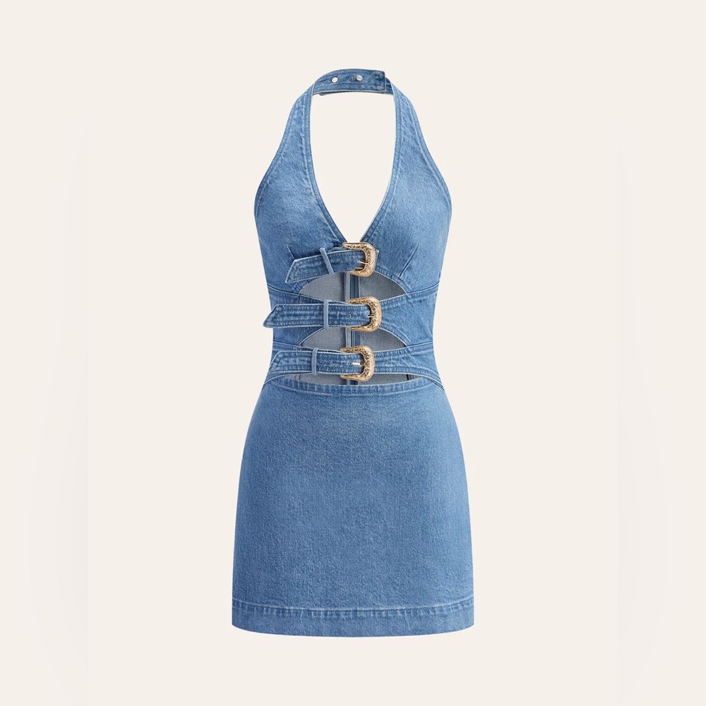 COMMENSE Halter Neck Buckle Denim Dress